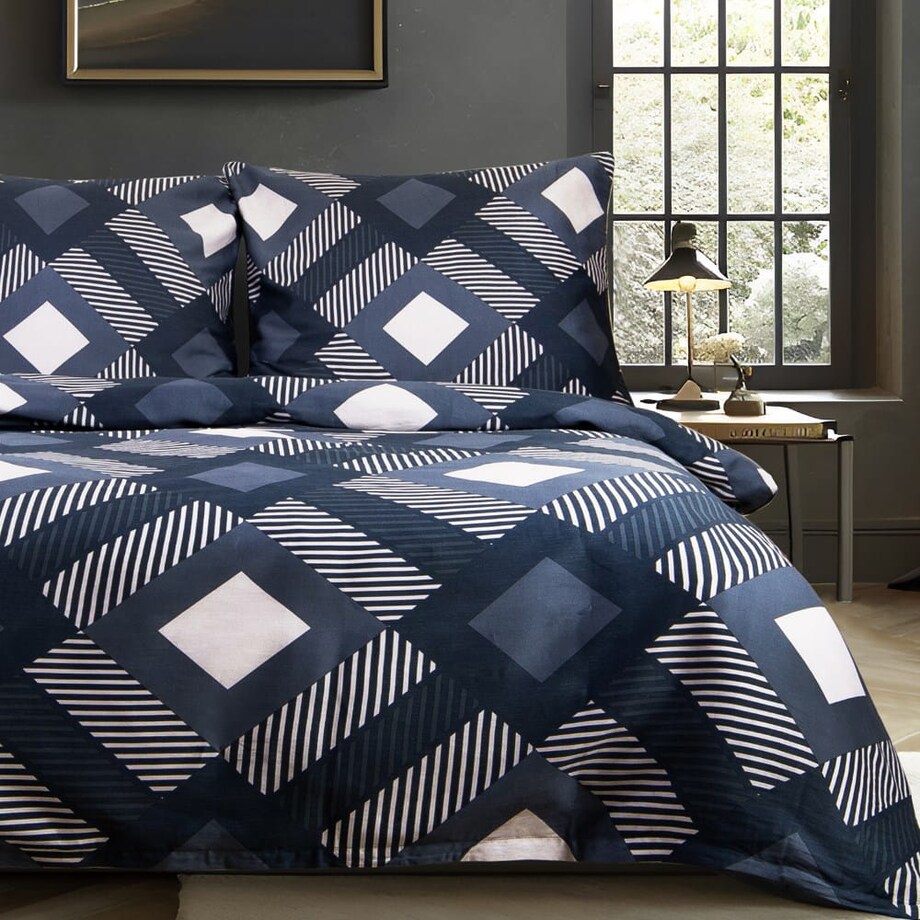 Pościel satyna bawełniana 180x200 Satynlove granatowo kremowy geometryczny wzór