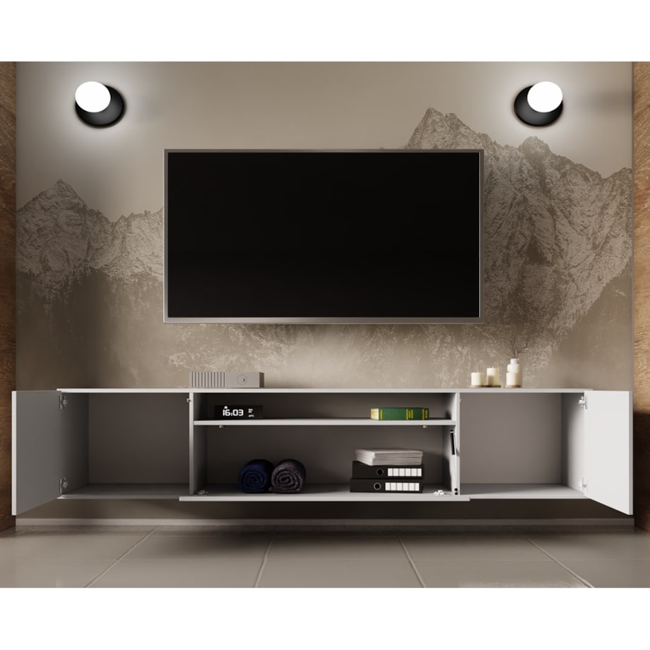 Szafka RTV LION 200cm wisząca, do pokoju gościnnego, proste fronty- biała