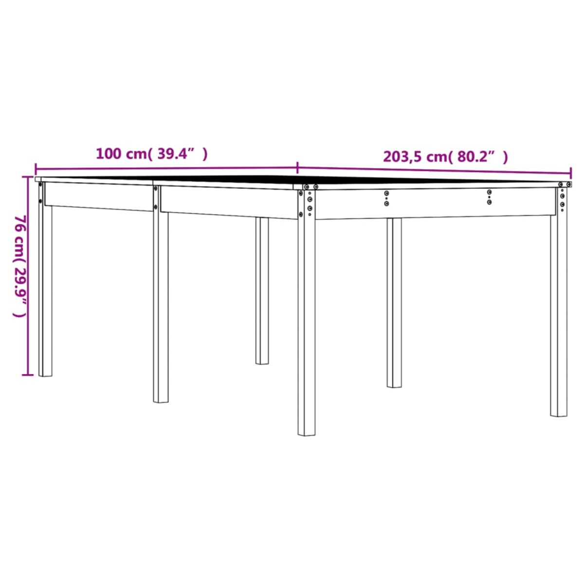 vidaXL Stół ogrodowy, biały, 203,5x100x76 cm, lite drewno sosnowe