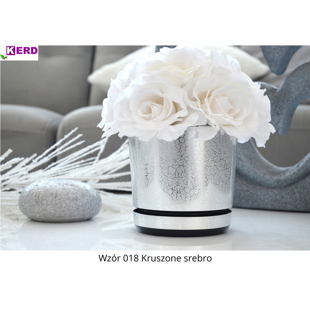 12 cm wzór KRUSZONE SREBRO Doniczka z podstawką elegancka drobinki lustra z połyskiem z drenażem nowoczesna