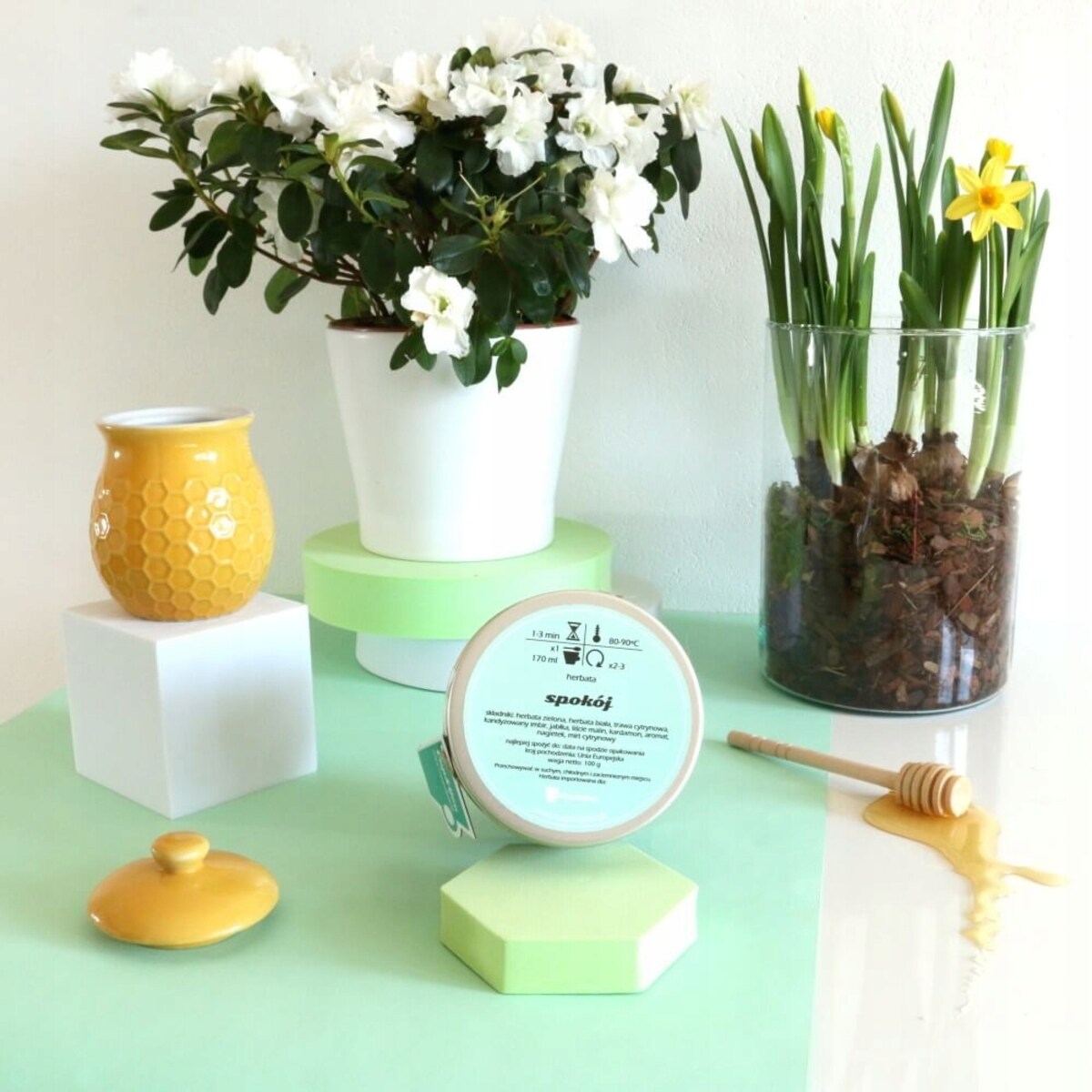 Herbata zielona SPOKÓJ o smaku rozgrzewającego imbiru z nutą kojącego miodu - herbata liściasta sypana mieszanka napar susz - gotowa na prezent upominek