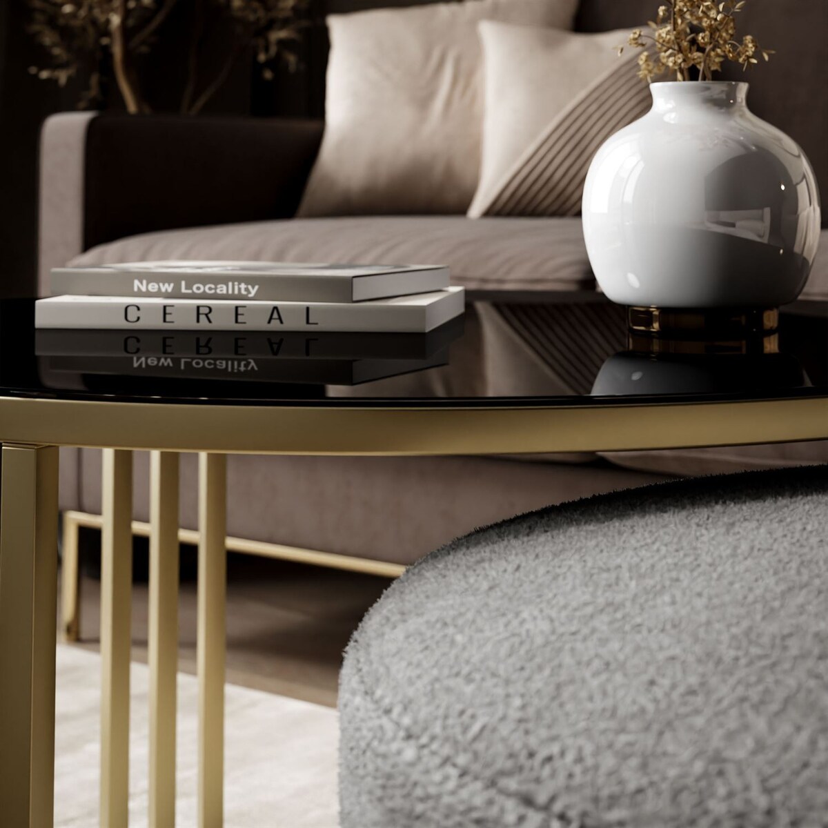 Stolik kawowy z pufą LORI GLASS złoto szczotkowane, czarne szkło / Perfect Harmony 82