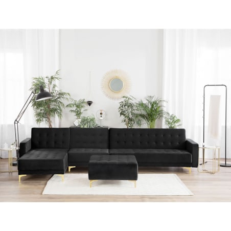 Narożnik rozkładany 5-osobowy z otomaną welurowy prawostronny czarny ABERDEEN