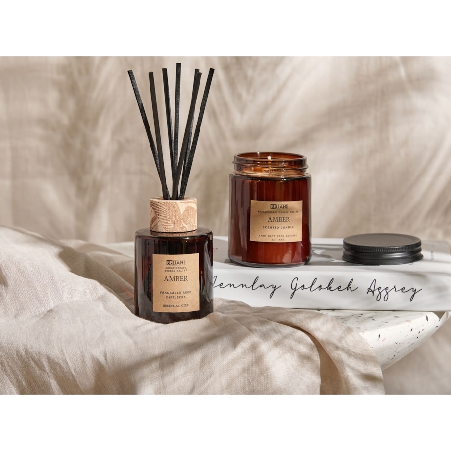 Zestaw zapachowy świeca sojowa i dyfuzor z patyczkami złoty bursztyn DARK ELEGANCE