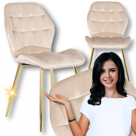 Krzesło Do Salonu Jadalni Ze Złotymi Nogami Welurowe Velvet Kremowe LUCKY
