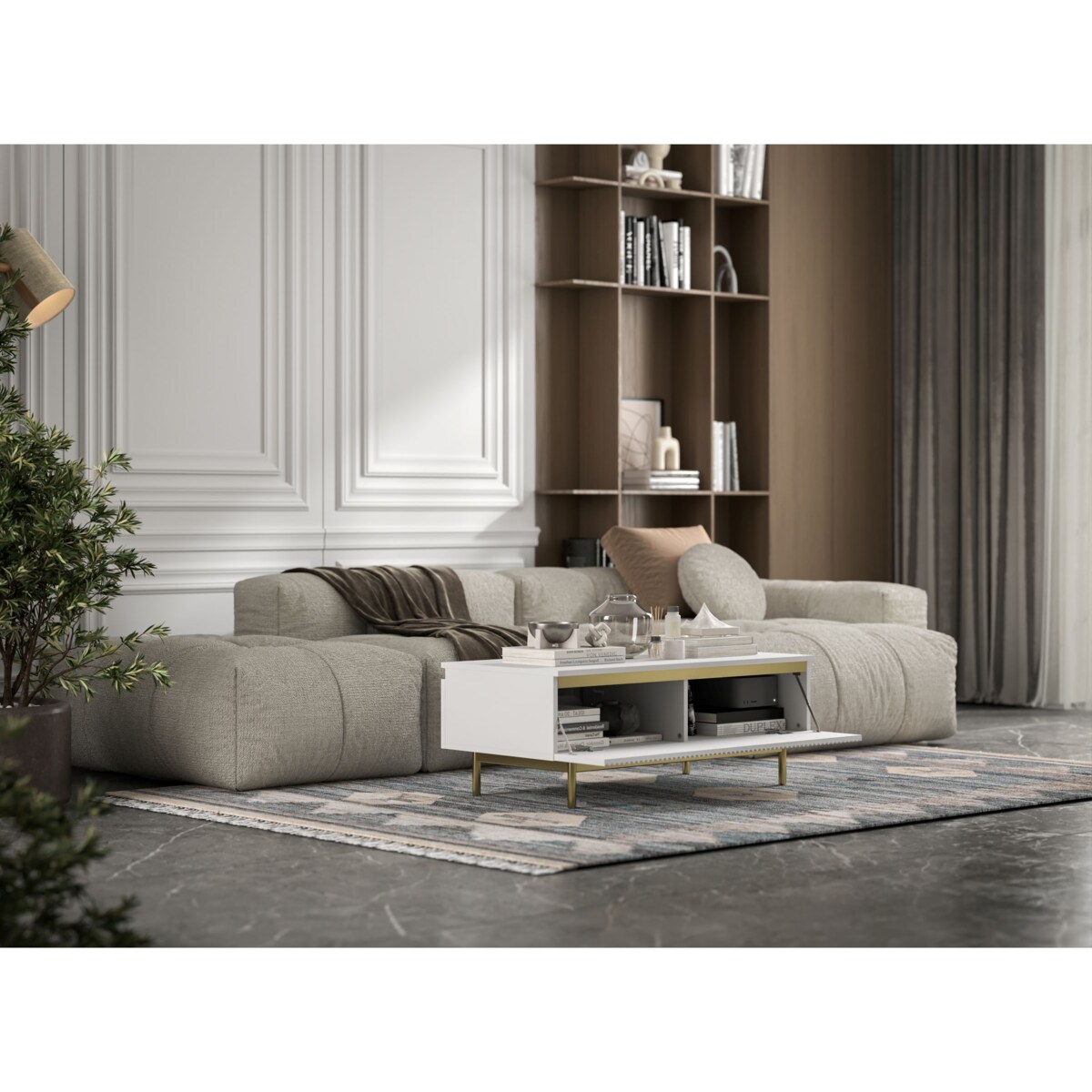 Stolik kawowy Glamour prostokątny elegancka ława Biały Mat Stelaż w złotym kolorze 109 cm