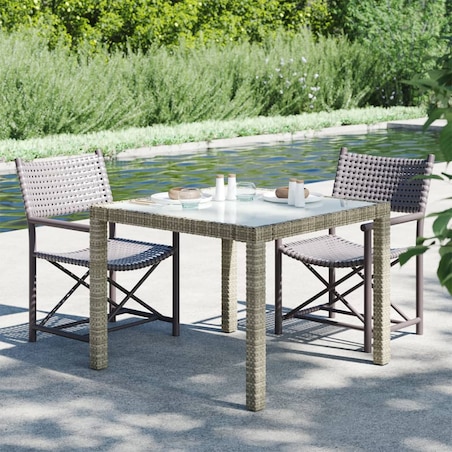 vidaXL Stół ogrodowy, 90x90x75 cm, szkło i rattan PE, szary