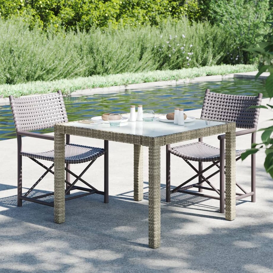 vidaXL Stół ogrodowy, 90x90x75 cm, szkło i rattan PE, szary
