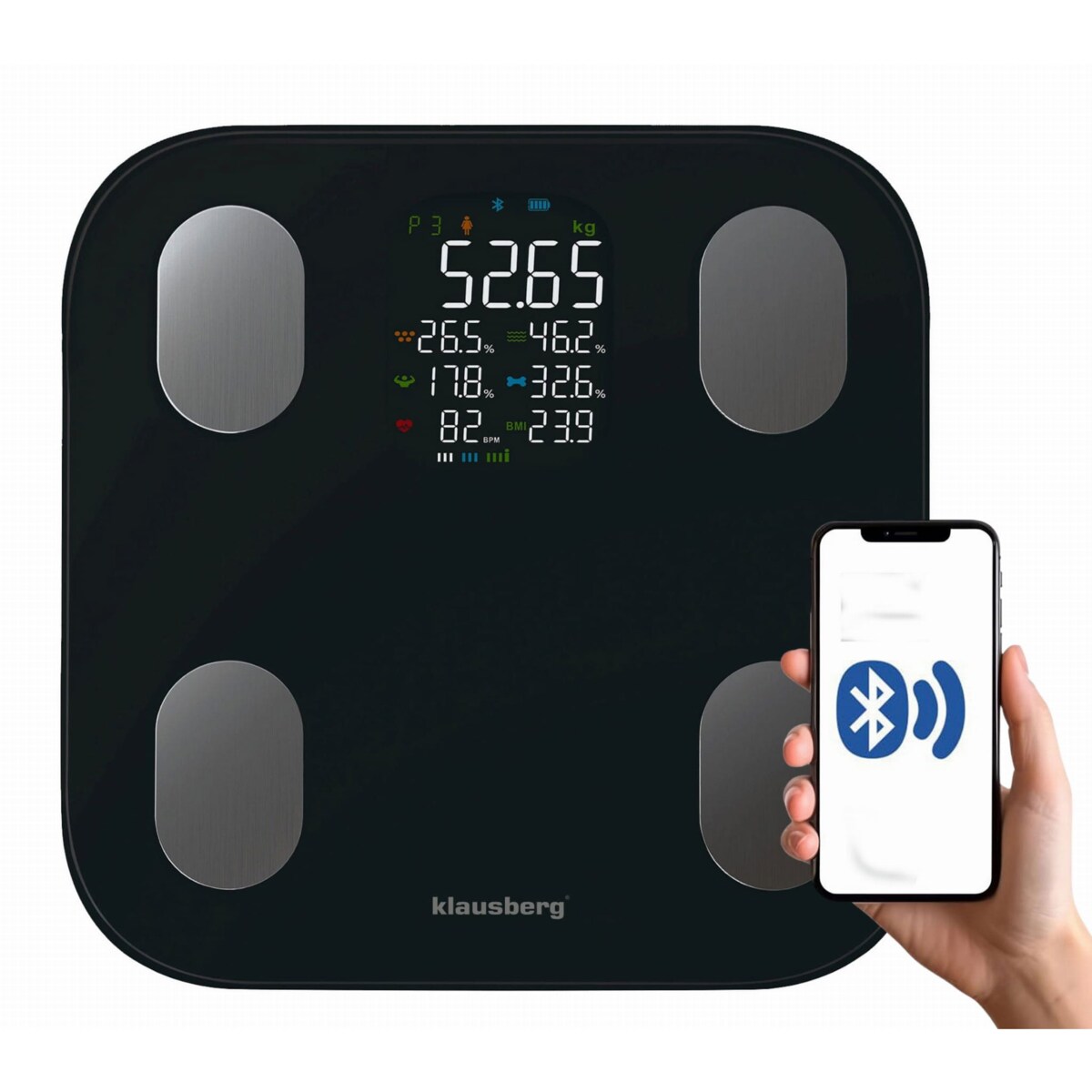 Waga łazienkowa z pomiarem tkanki tłuszczowej i składu ciała, Smart, BT, KLAUSBERG czarna