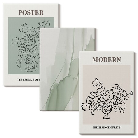 Zestaw 3 dużych obrazów na płótnie - Kwiaty w nowoczesnym wazonie - zielony