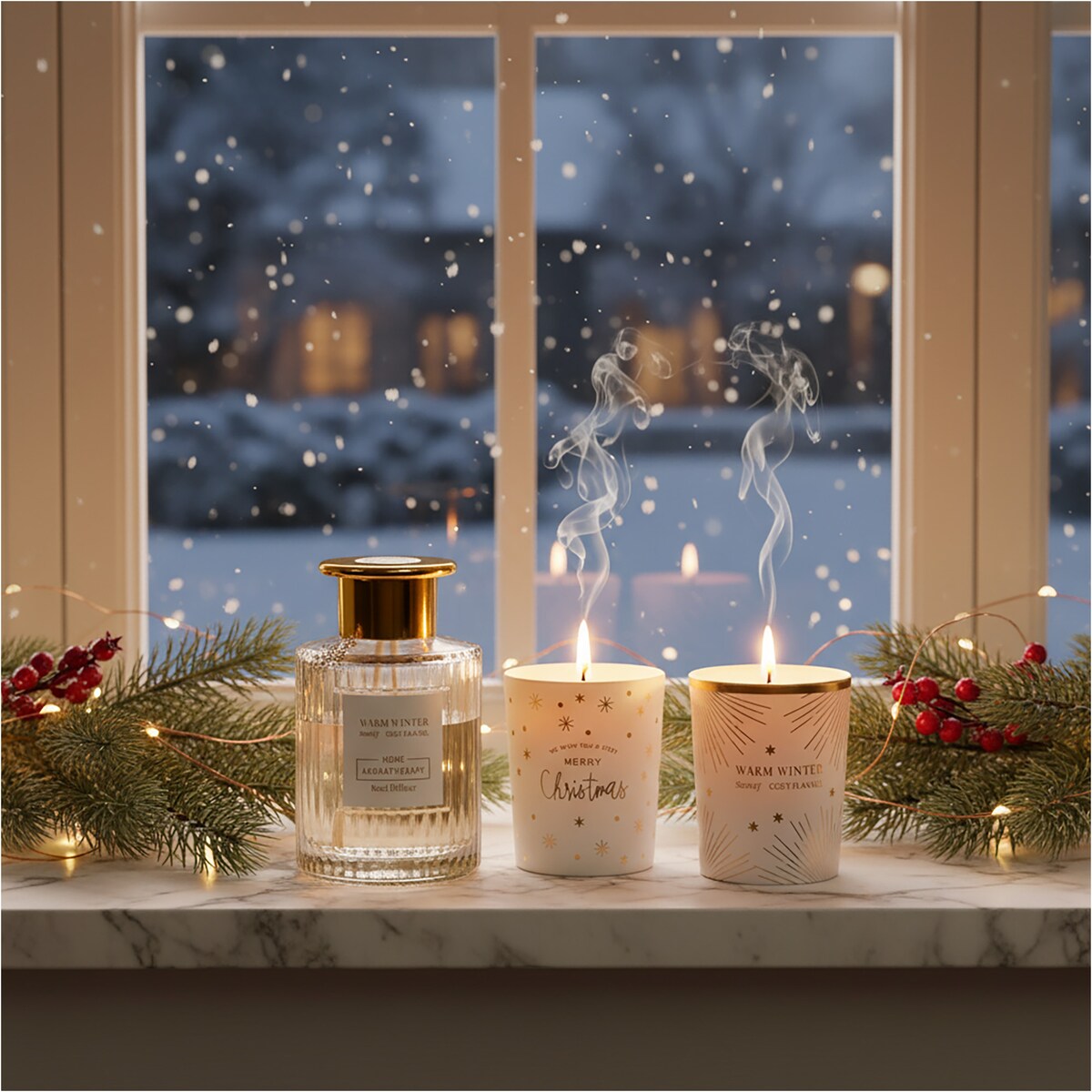 Dyfuzor Z Patyczkami Zapach Zestaw Zapachowy + Dwie Świece Dekoracje Świąteczny
