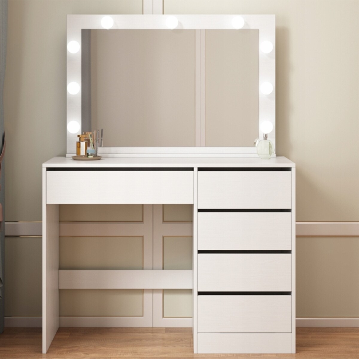 Toaletka kosmetyczna do makijażu wizażu z lustrem led nowoczesna glamour biała