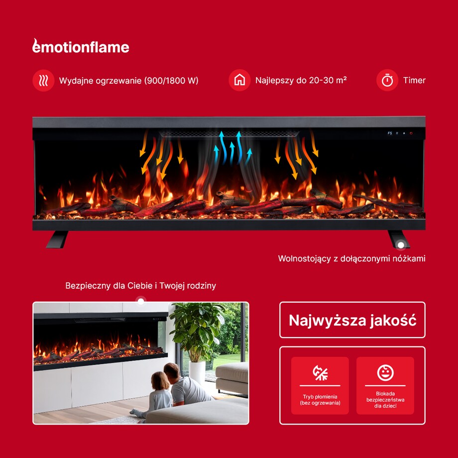 Kominek elektryczny à 3 côtés Emotion Flame Unity 152 - ścienny i do zabudowy - 152x19x36 cm - kominek LED - 900/1800 W