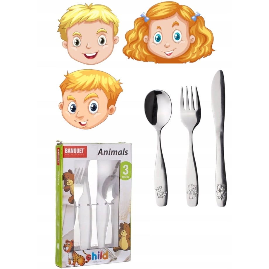 KOMPLET SZTUĆCE DLA DZIECI widelec łyżka nóż na prezent roczek urodziny box