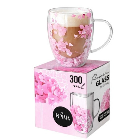 Szklanka termiczna z kwiatami w środku, gipsówka hortensje róż 300 ml 1szt SZK165