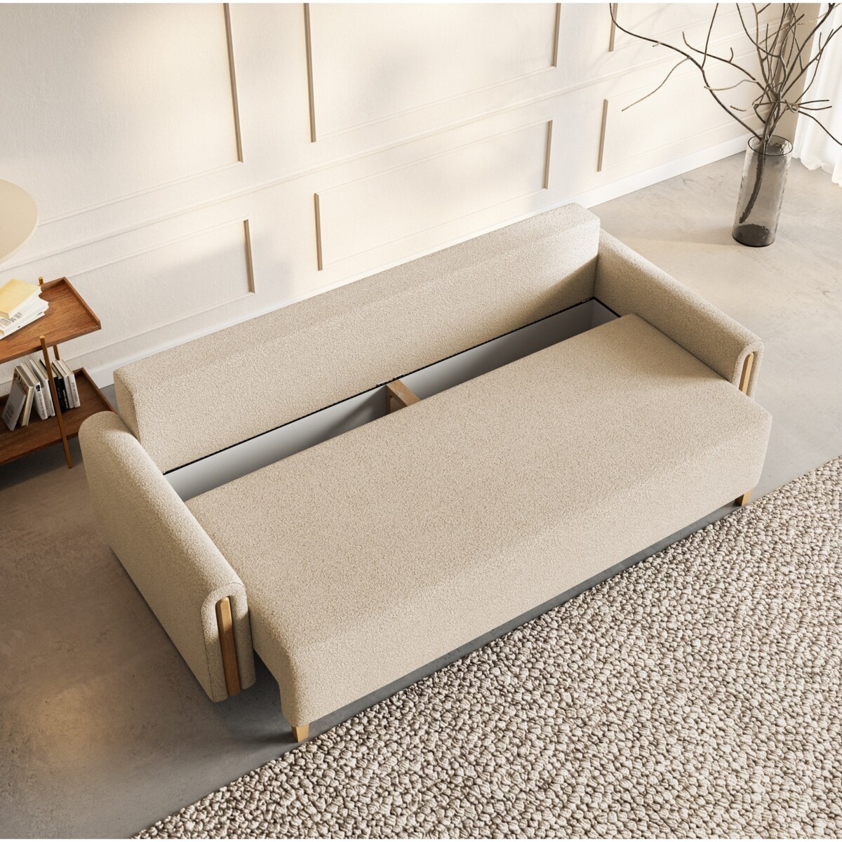 Elegancka kanapa MODERN z funkcją spania - beżowa + drewno