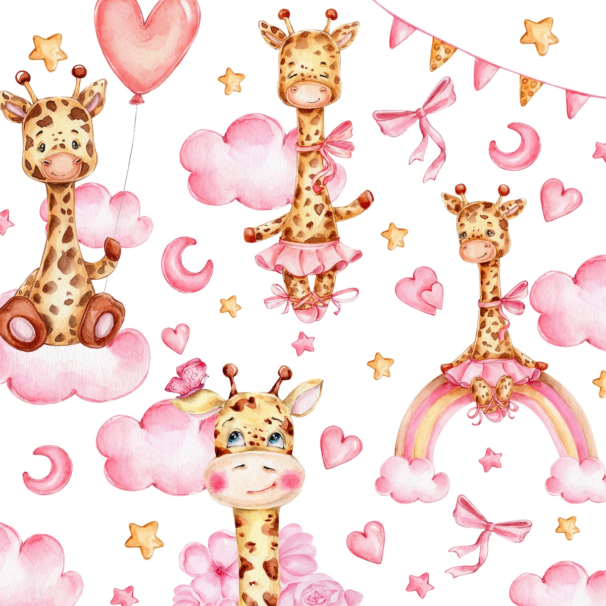 Naklejki Ścienne Dla Dzieci Żyrafy Serduszka Różowe Chmury Kokardki ZESTAW 60x30cm