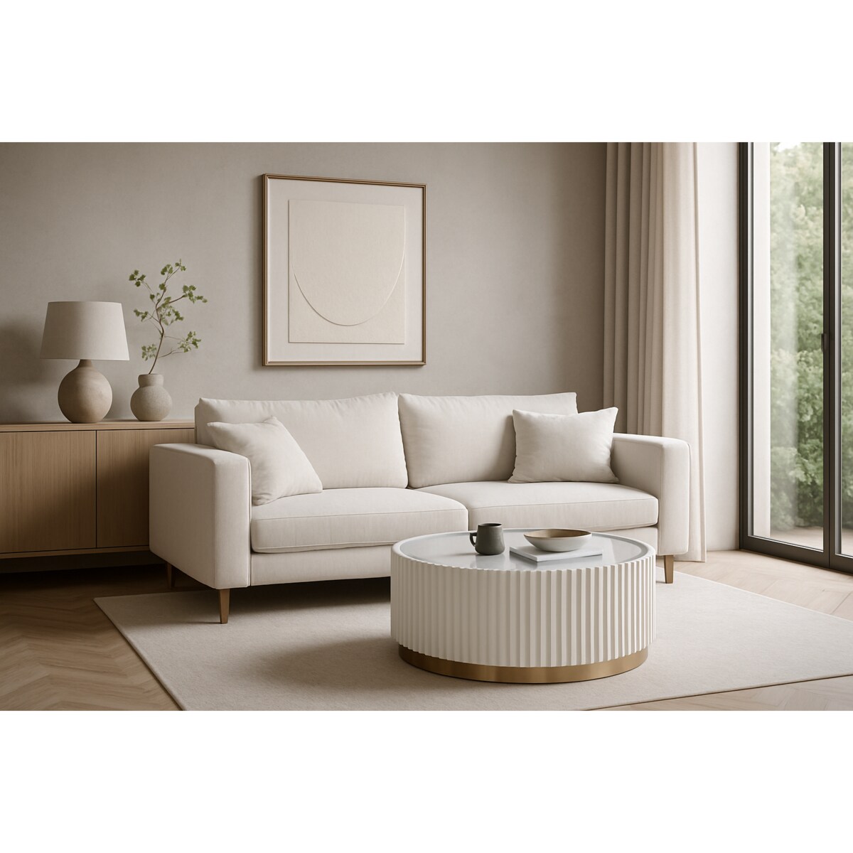 Stolik kawowy ryflowany biały okrągły złoty z szybą Livino Glamour Premium 90x90x50