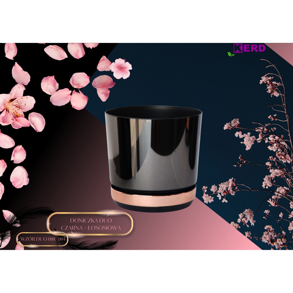 32 Doniczka DUO CZARNA z podstawką ŁOSOSIOWA dwukolorowa nowoczesna industrialny loft glamour wysoki połysk metaliczna elegancka dużą donica