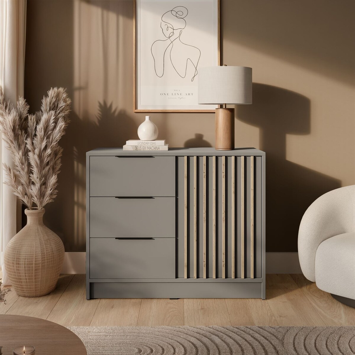 Komoda NELA 1D3S z lamelami, szary + dab artisan
