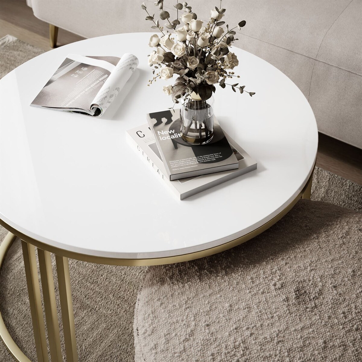 Stolik kawowy z pufą LORI POŁYSK złoto szczotkowane, biały / Coral 50