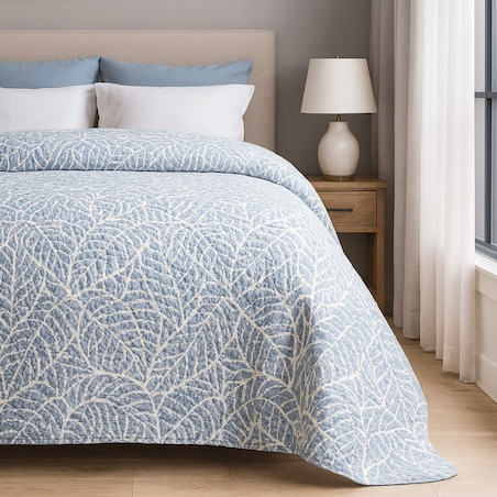 Narzuta pikowana niebieska Remo 170x210 ozdobne liście, drukowana