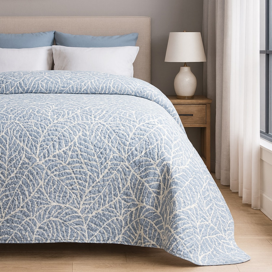 Narzuta pikowana niebieska Remo 170x210 ozdobne liście, drukowana