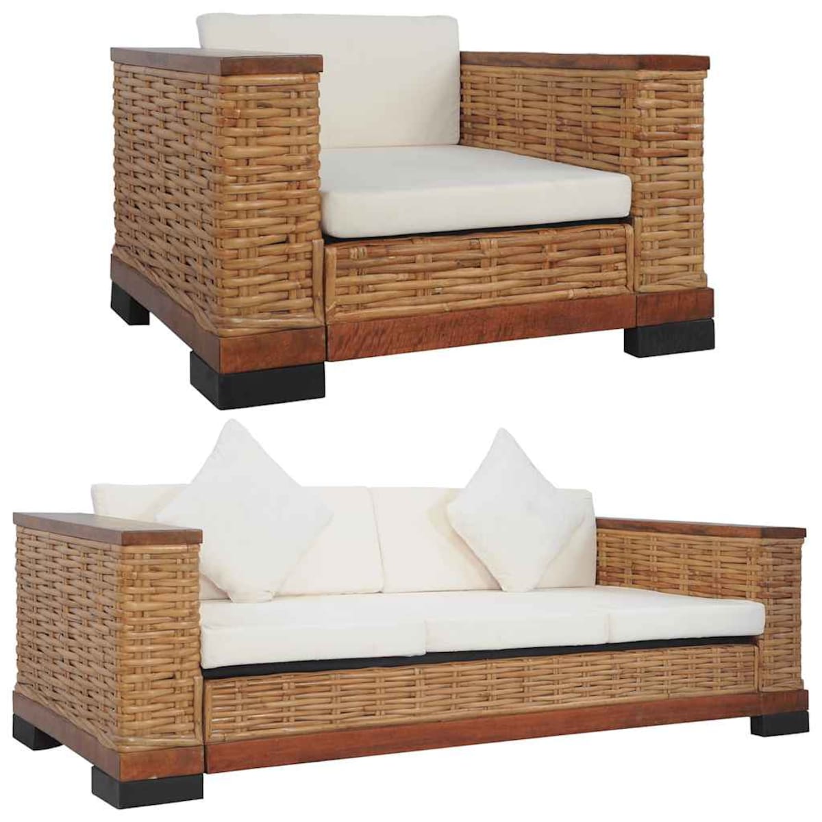 vidaXL 2-cz. zestaw wypoczynkowy, poduszki, brązowy, naturalny rattan