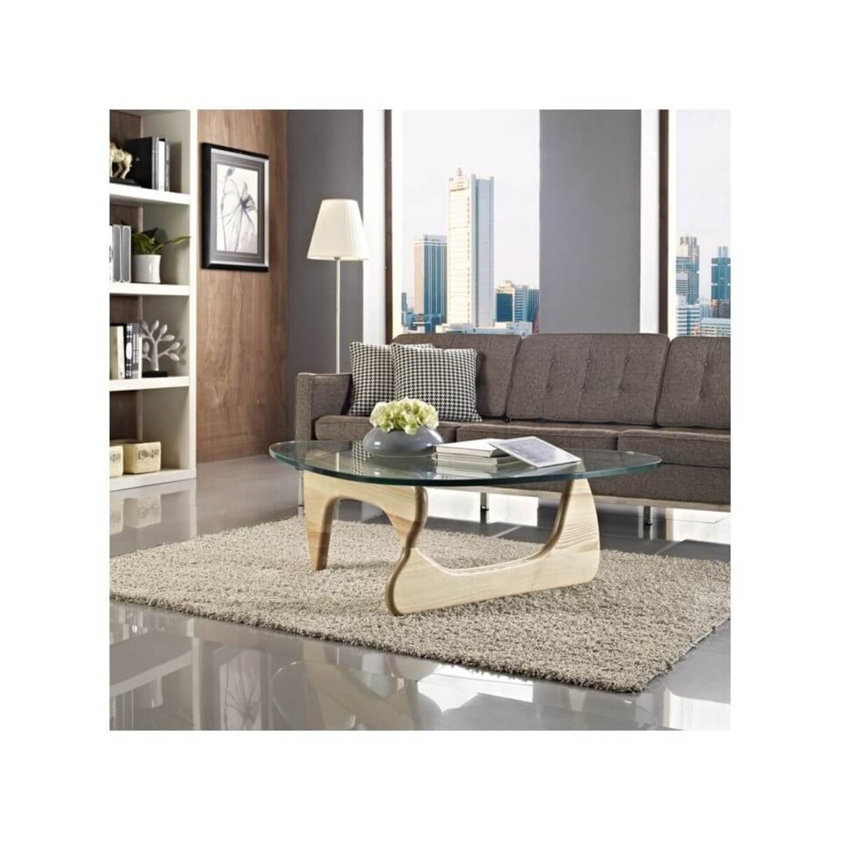 Szklany stolik kawowy Stable DC-664 King Home podstawa drewniana jesion beżowy