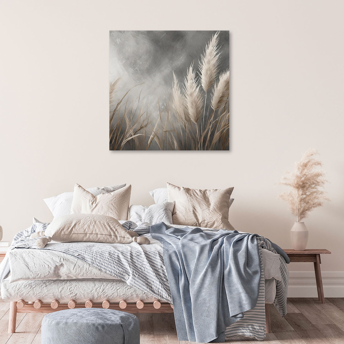 Obraz w stylu boho do salonu sypialni pokoju dziennego loftu Trawy Natura Botanika Szary 60x60