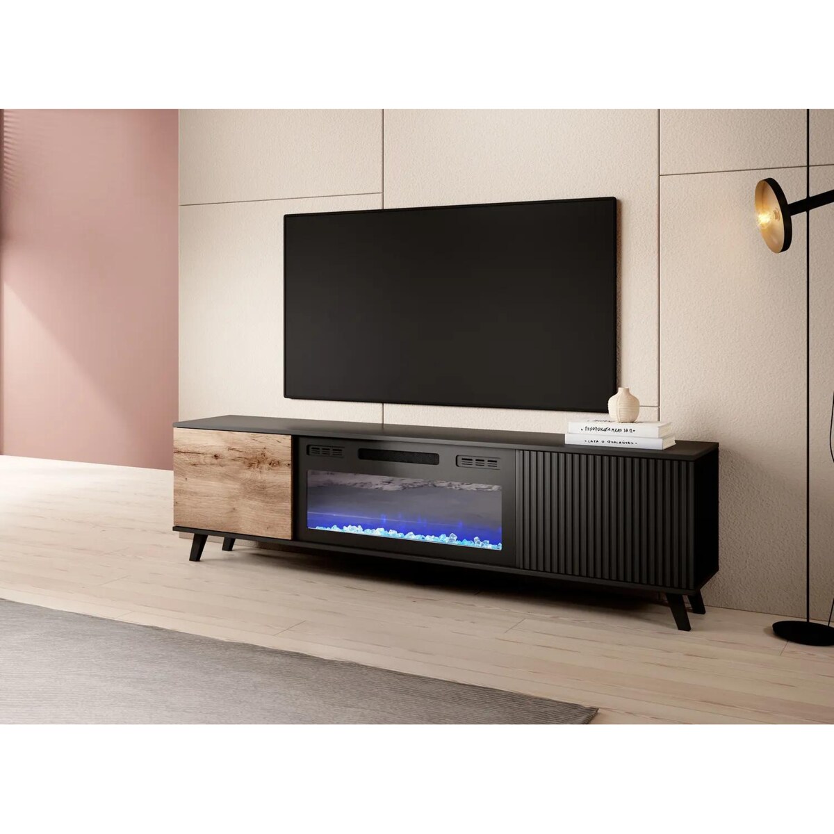 Szafka RTV RANDOM 180cm dąb wotan/czarna z kominkiem elektrycznym