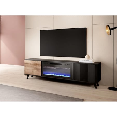 Szafka RTV RANDOM 180cm dąb wotan/czarna z kominkiem elektrycznym