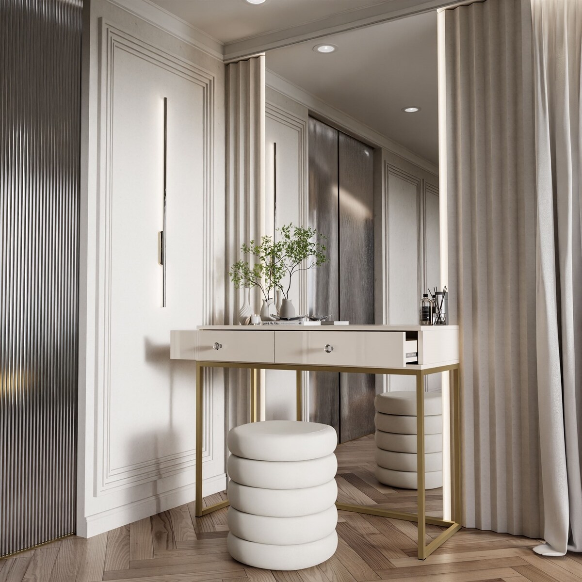 Konsola BLANCO GLAMOUR kaszmir na stelażu złotym, uchwyt biały kryształ