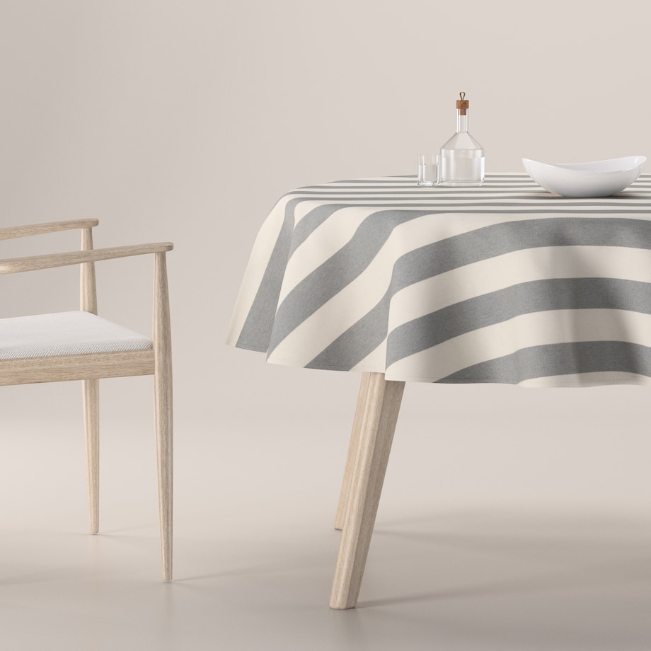 Obrus okrągły 130 x 130 cm biało-szare pionowe pasy (5,5cm)