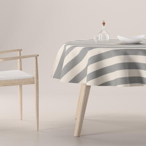 Obrus okrągły 130 x 130 cm biało-szare pionowe pasy (5,5cm)
