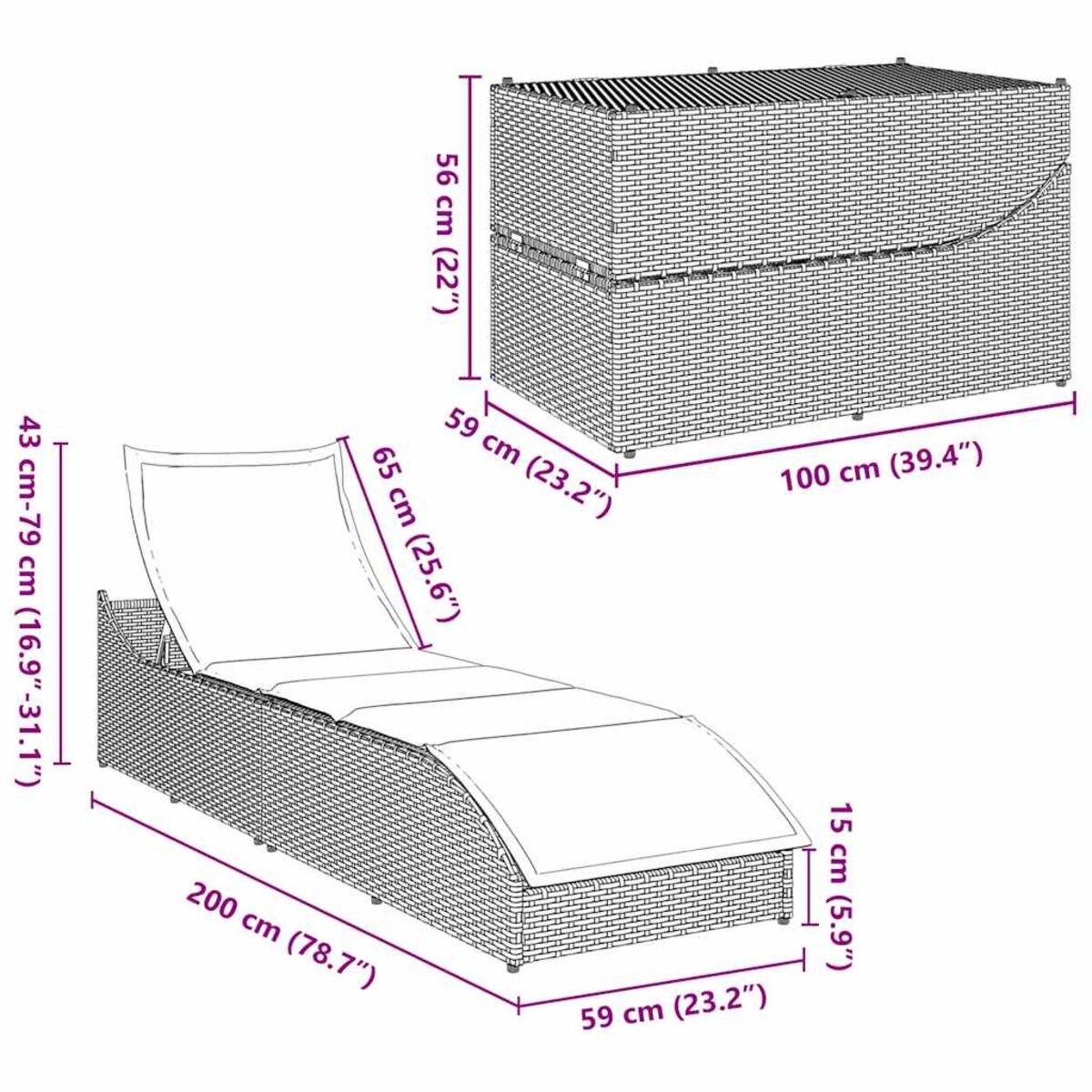vidaXL Składany leżak z poduszką i schowkiem Brązowy polirattan
