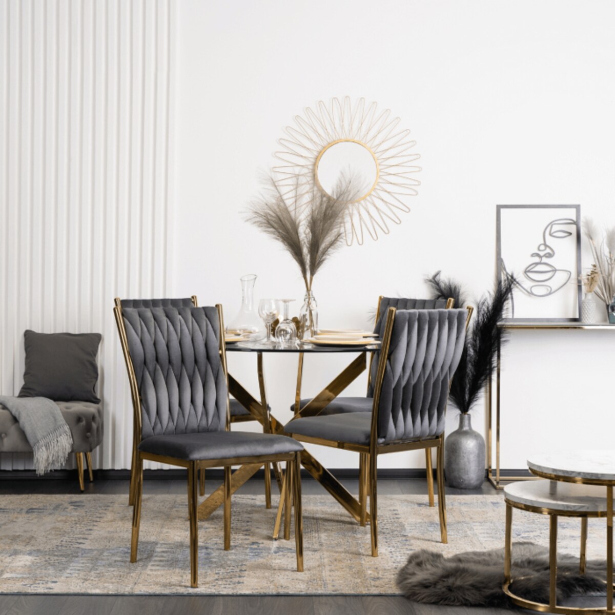 Krzesło Tapicerowane Plecione Glamour DAN Szare Do Jadalni Salonu Toaletki