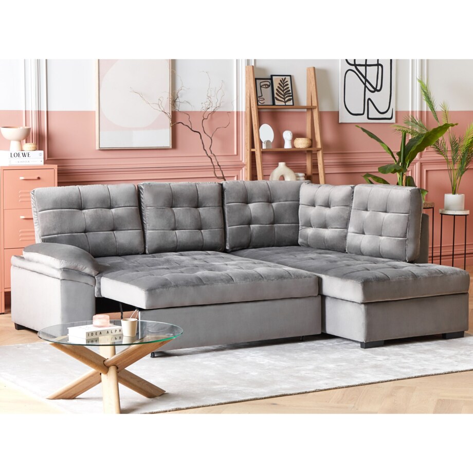 Narożnik welurowy lewostronny rozkładany szary VARNAMO