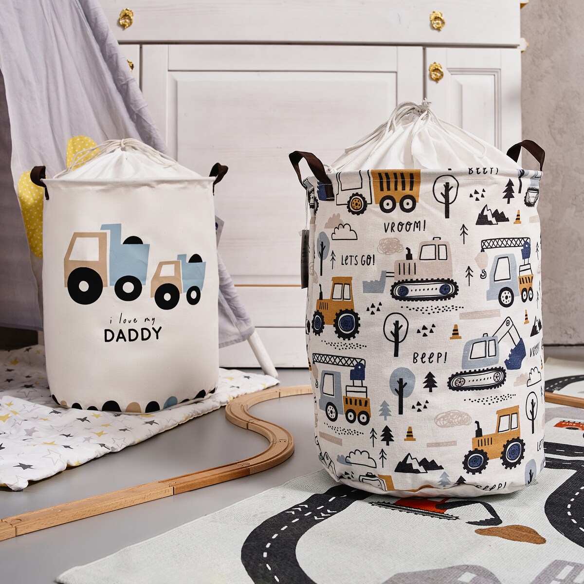 bawełniany kosz na zabawki sipo, zamykany na ściągacz, koparki, xl