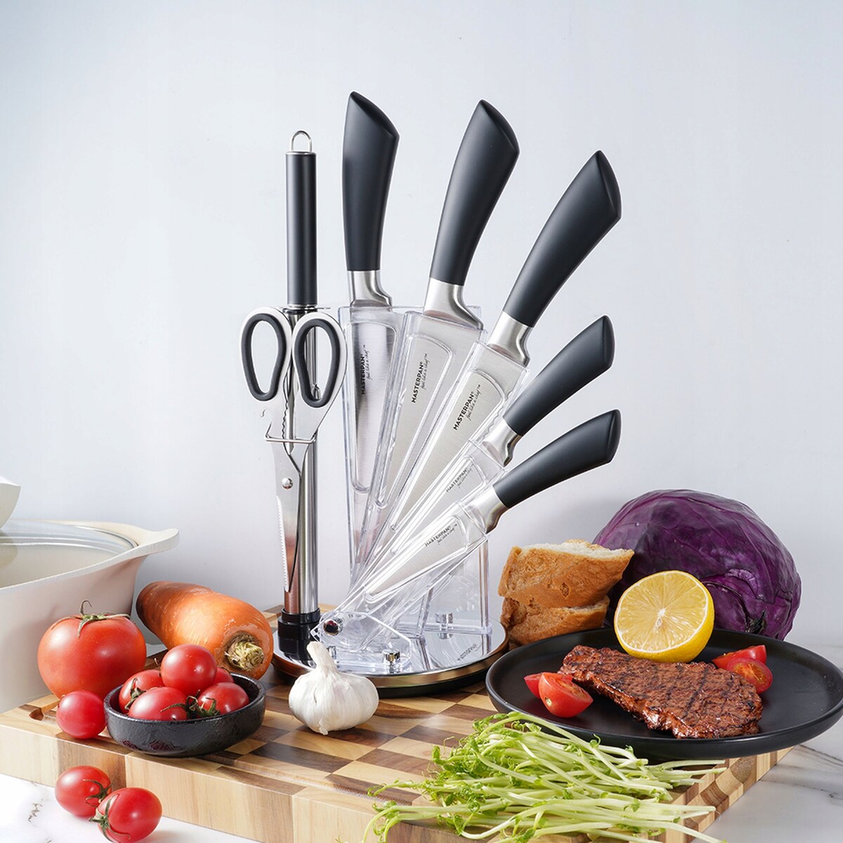 Zestaw Komplet Noży Kuchennych W Stojaku 8 Szt. Ostrzałka Nożyczki Ostre
