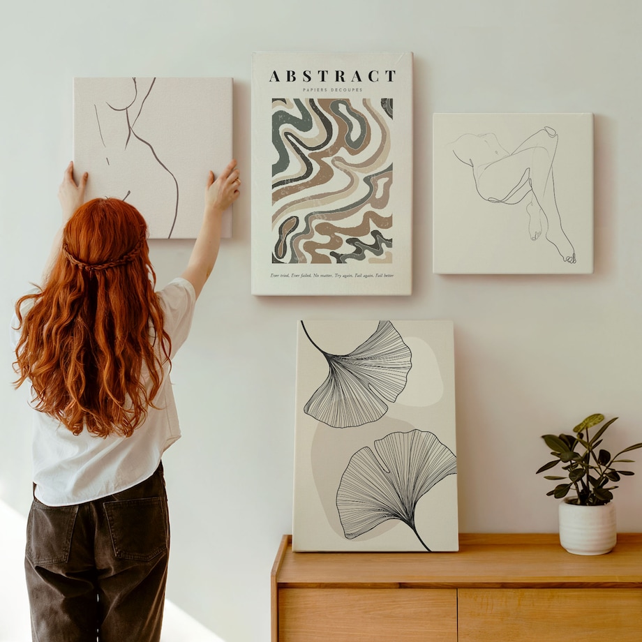 Zestaw 4 obrazów na płótnie - Abstrakcyjny boho kształty liści - beżowy