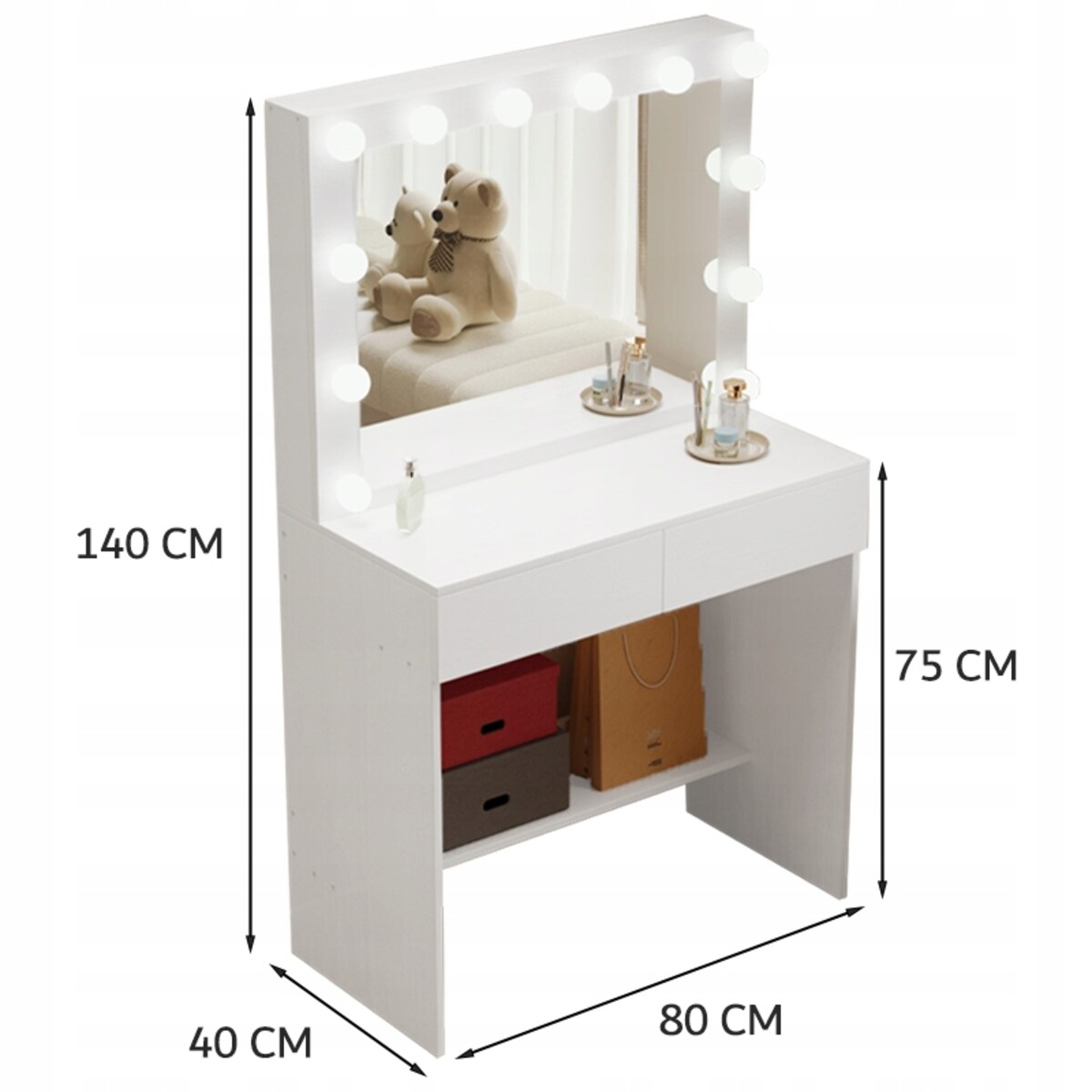 Toaletka kosmetyczna 80 cm z lustrem LED biała nowoczesna loft MDF