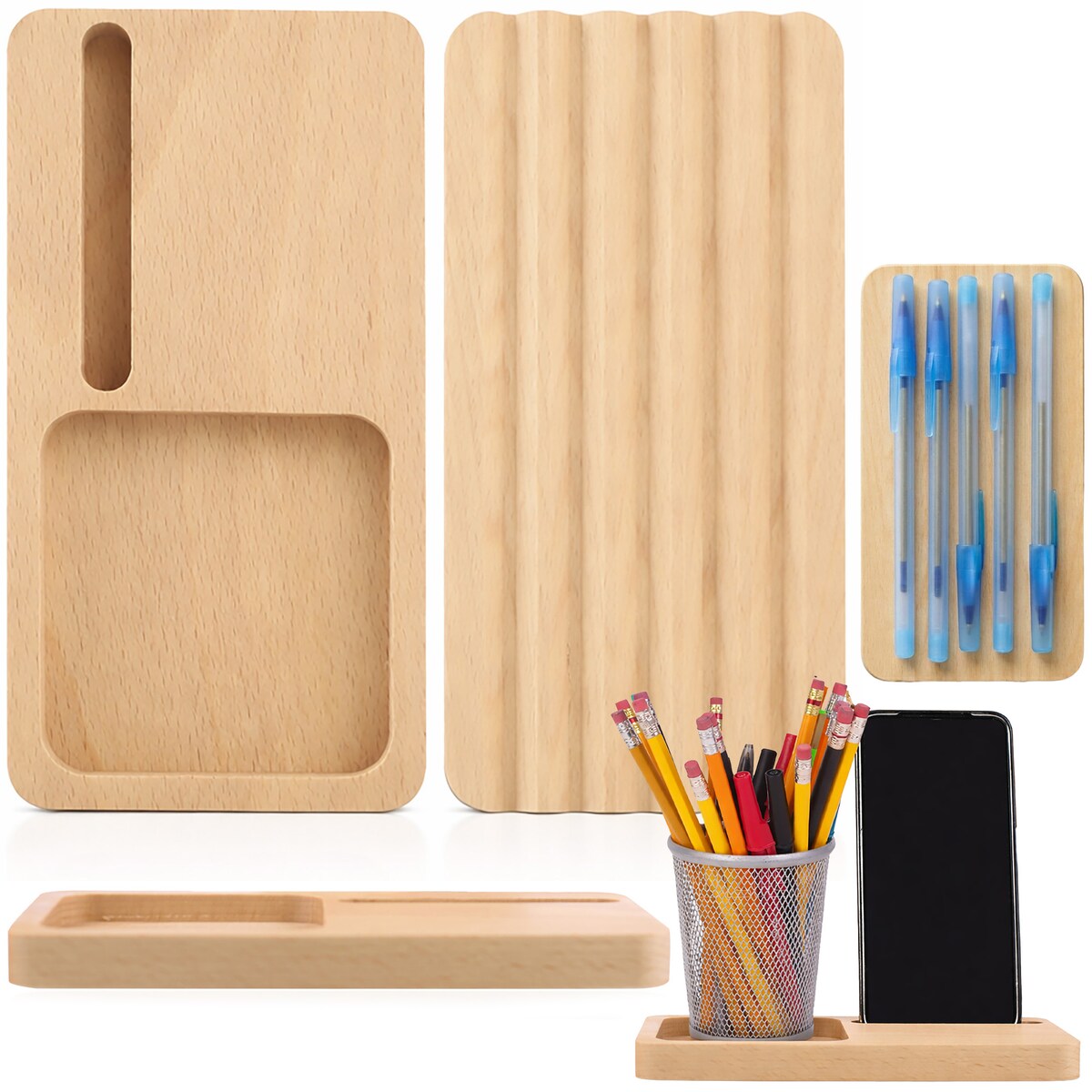 Stojak Na Telefon Organizer Drewniany Na Biurko 2W1 Naturalne Drewno