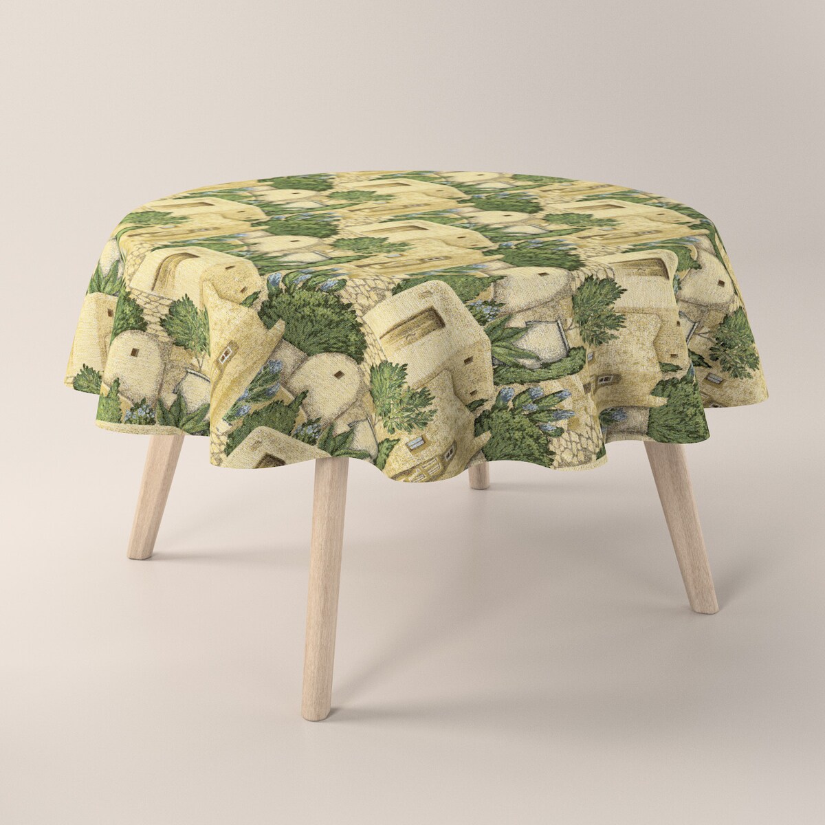 Obrus okrągły 160 x 160 cm piaskowo-zielony motyw śródziemnomorski