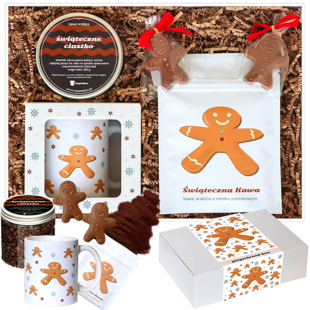 Gotowy zestaw prezentowy "Ginderbread Box" kawa smakowa PREMIUM kubek ciastko z mlecznej czekolady kawa piernikowa prezent na gwiazdkę święta pod choinkę dla mamy taty żony męża chłopaka dziewczyny