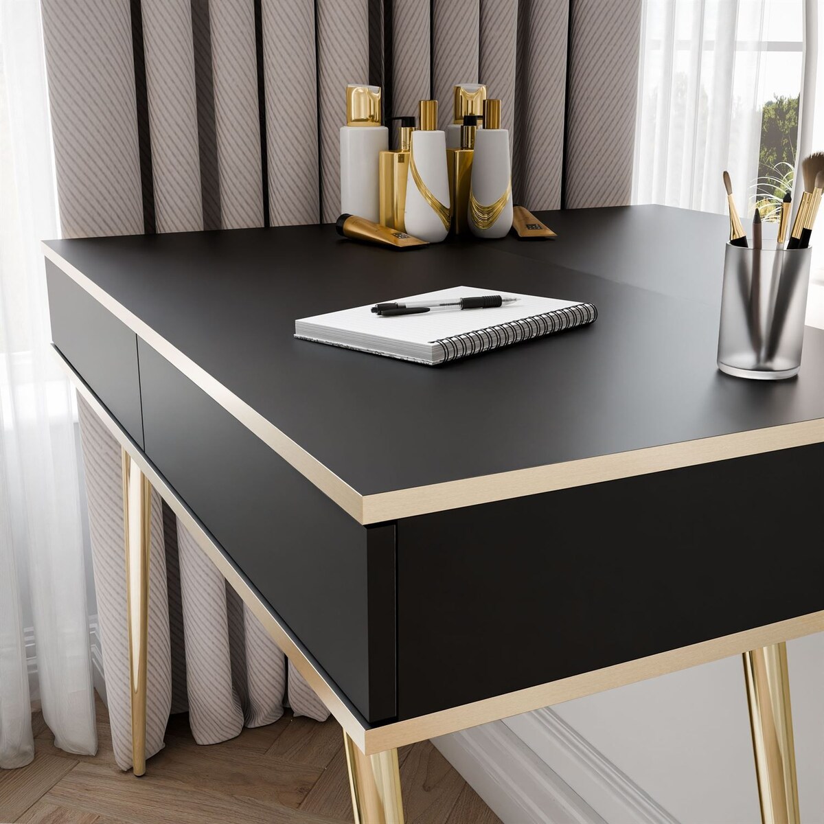 Toaletka OXFORD z lustrem i oświetleniem LED, prawa, czarna