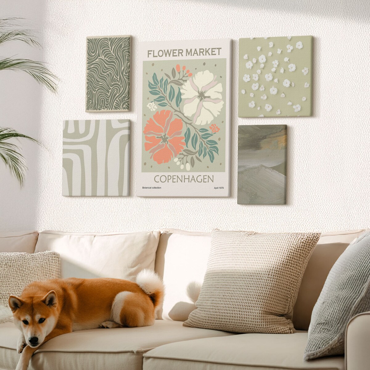 Zestaw 5 obrazów na płótnie - Roślinne motywy boho wzory - zielony