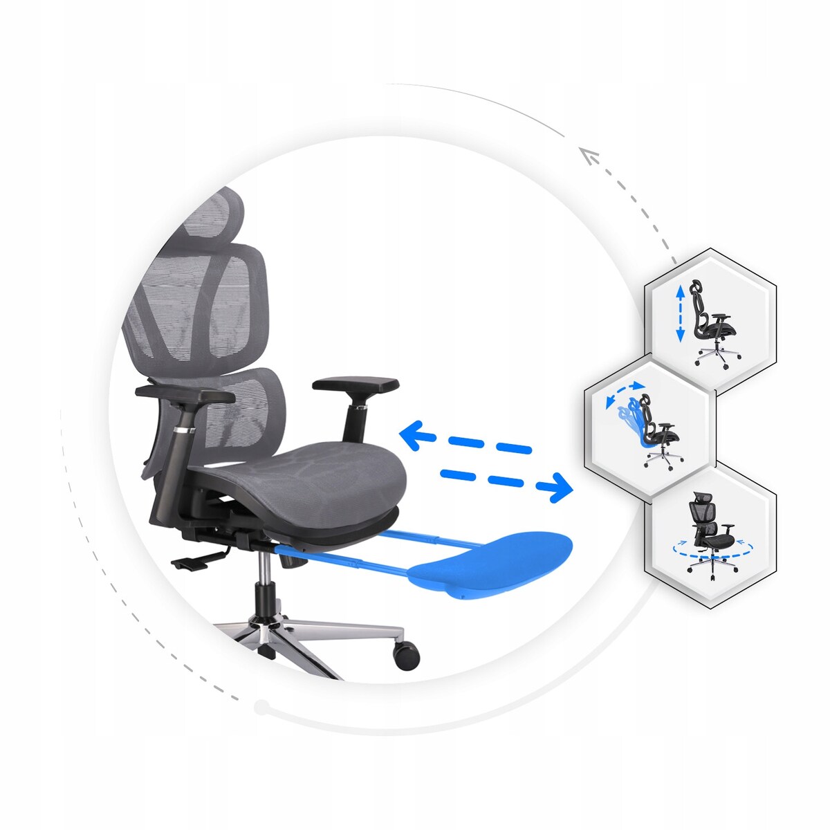 Fotel biurowy ergonomiczny NEOVA szary z podnóżkiem