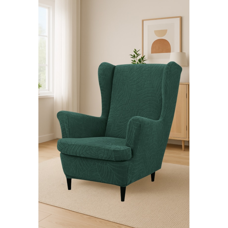 Pokrowiec Na Fotel Uszak Zielony Butelkowy Welur Żakard Wzory Elastyczny