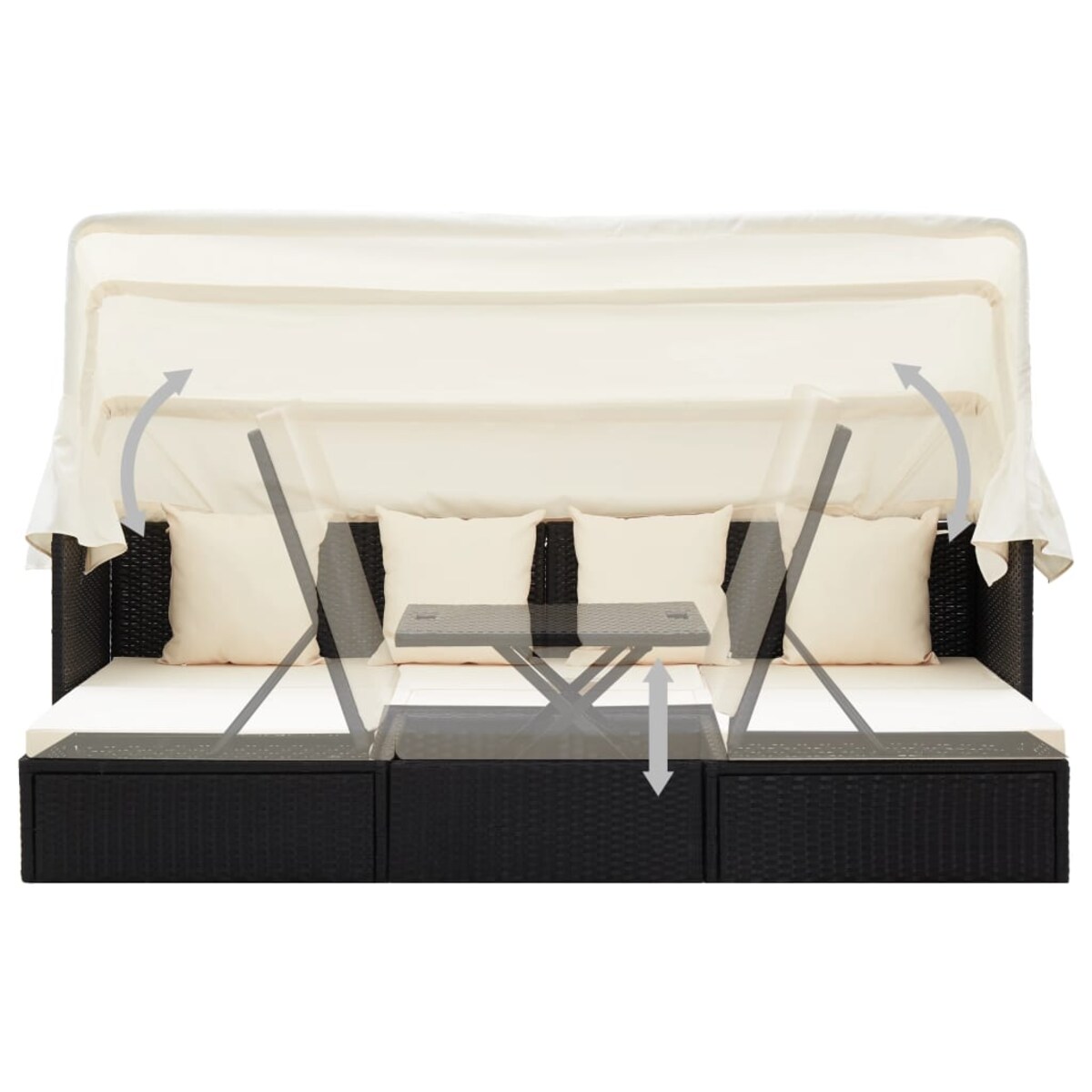 vidaXL Leżanka ogrodowa z daszkiem, czarna, rattan PE